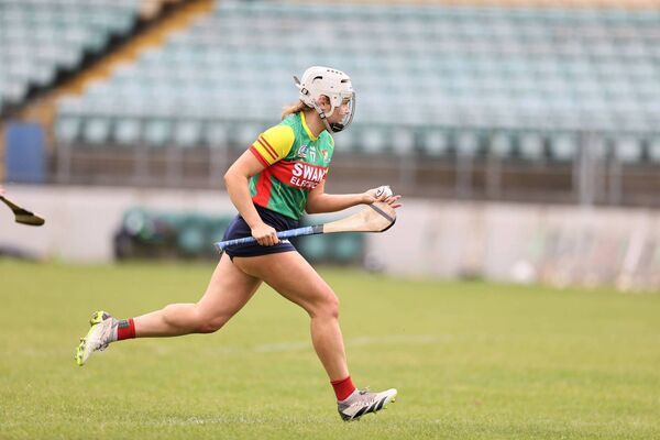 Carlow's Kate Nolan looks up before finishing to the Kildare net on Saturday Photo: Pat Ahern