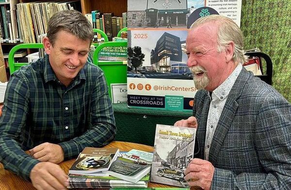 Liam Reidy, president of the United Irish Cultural Center, with Maurice O'Reilly from the Made In Carlow gallery 