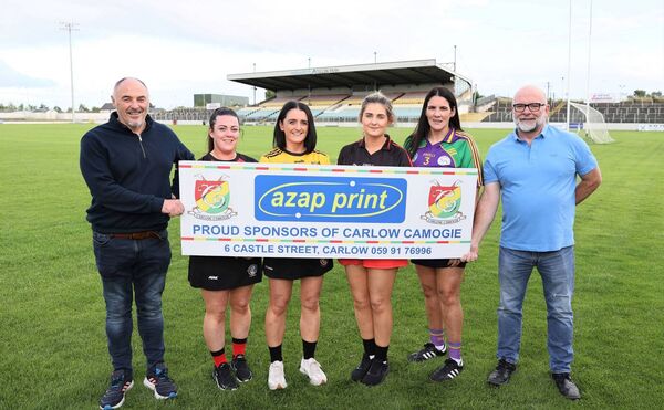 At the Carlow Camogie Club Championship Launch in NCP Junior Championship were Jimmy Barcoe (AZAP Print, main sponsor), Emma O'Neill (Kildavin/Clonegal), Pamela Holmes (Myshall), Emma Kelly (MLR), Noelle De Lacey (Setanta) and Ger Brennan (AZAP Print, main sponsor) Photo: Pat Ahern At the Carlow Camogie Club Championship Launch in NCP Junior Championship were Jimmy Barcoe (AZAP Print, main sponsor), Emma O'Neill (Kildavin/Clonegal), Pamela Holmes (Myshall), Emma Kelly (MLR), Noelle De Lacey (Setanta) and Ger Brennan (AZAP Print, main sponsor) Photo: Pat Ahern