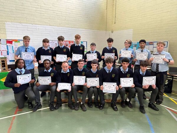 TY class 4K: (back) Seán Hayden, Brian Kavanagh, Jack Moran, Filip Mazur, Caleb Noctor, Marc Puigbo Sanmarti, Balint Peczka, Eshaan Singh and David Williamson; (front) Noah Oglesby, Alim Ayeni, Rian Brennan, Conor Dunne, James Gibney, Art Cakiqi, Mauro Martinez Perez and Daniel Peregrino Amat 