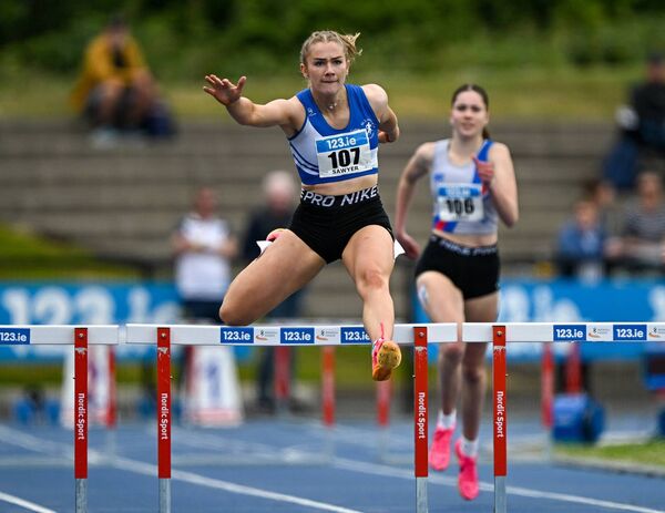 Jennifer Sawyer on her way to winning the women's 400m hurdles at the 123.ie National Outdoor Senior Championships at Morton Stadium in Santry, Dublin. Photo: Sam Barnes/Sportsfile