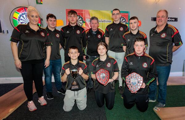 The All-Ireland Darts Youth Champions pictured during their homecoming in Palatine House, shown are (rear l-r). Mary-Claire Brannigan (manager team 1), Conor O’Reilly, David Lynch, Richard Flaherty (sponsor), Nathan Burroughs, Luke Dooley, Derek Courtney (mentor), (front l-r), Jamie French (captain), Rebecca Allen and Jack Courtney. Photo: michaelorourkephotography.ie