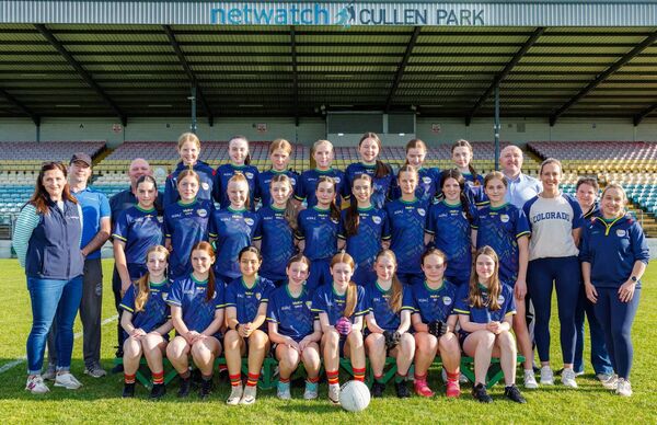 The Carlow Ladies U14s received their Leinster platinum championship runners-up medals from Cork All-Star Bríd Stack, also shown are Colin Hayes and Laura Murphy (Netwatch), Donie McDonald (manager) Colm Corcoran and Noreen Uí Rinn (coach) and Sandra McDonald (FLO). Photo: michaelorourkephotography.ie