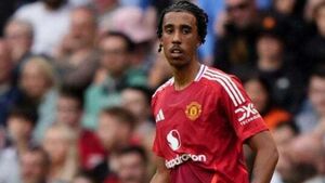 Manchester United defender Leny Yoro seen on crutches with left foot injury