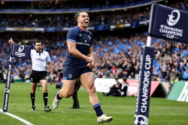 James Lowe celebrates after scoring a try during Leinster's Champions Cup Semi-Final win over Northampton Saints at Croke Park last May Photo: ©INPHO/Ben Brady James Lowe celebrates after scoring a try during Leinster's Champions Cup Semi-Final win over Northampton Saints at Croke Park last May Photo: ©INPHO/Ben Brady