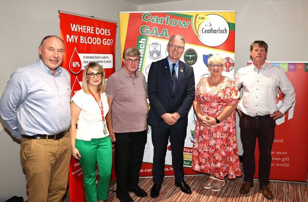 Peter McConnon  (Operations Manager Carlow GAA), Edele Fitzpatrick (Irish Blood Transfusion Services), Tommy Murphy (Myshall GA9A), Jarlath Burns (GAA President), Carmel Kenny (National Chairperson of Community and Health Committee GAA) and Brendan Kelly (father of Oisin Kelly)