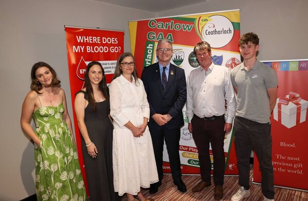 The family of the late Oisín Kelly - sister Sadhbh, girlfriend Mairead Bennett, mother Sinead, dad Brendan and brother Cian along with GAA President Jarlath Burns at the launch of a video promoting blood donations. Photo: Pat Ahern