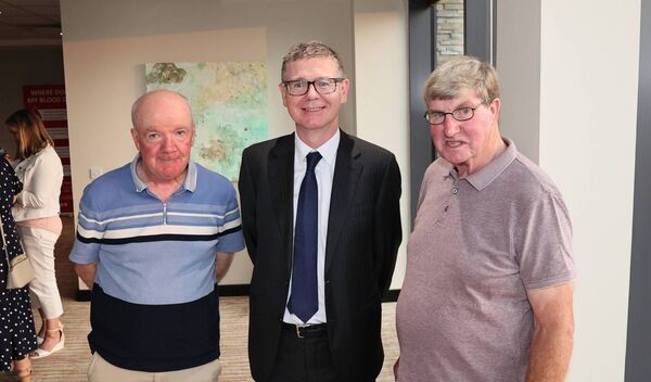 Leo McGough, Tom Ryan Ard Stiurthóir of CLG, and Tommy Murphy attending the launch of a video promoting blood donations in conjunction with Carlow GAA and the family of the late Oisín Kelly. Photo: Pat Ahern