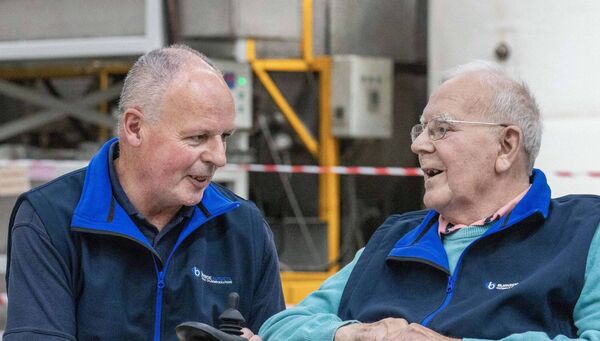 Founder of Burnside Paddy Byrne chatting with the longest serving employee in Tullow Burnside Paddy Jeaney