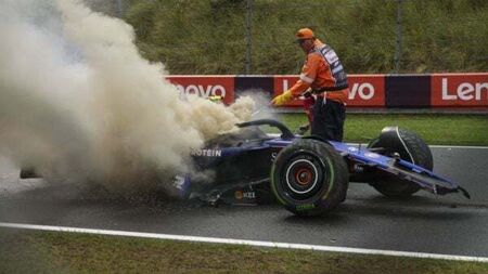 Williams driver Logan Sargeant jumps from burning car in Dutch GP final practice