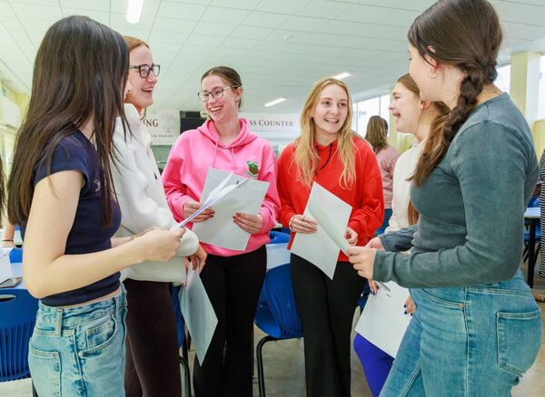 Emma Carbery, Ava McMahon, Molly O’Connor, Lily-Rose Keane, Ashley Reid and Ava Dunphy are pictured after picking up their leaving cert results at St. Leo’s College. Photo: michaelorourkephotography.ie