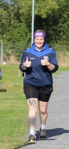 Karen Somers at the finish line after completing the full 12hrs on the track during the walkathon in aid of St Francis Farm detox unit in Tullow 