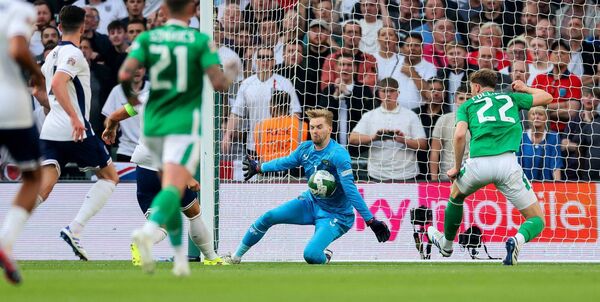 Ireland's Caoimhin Kelleher saves a shot from England's Harry Kane. The netminder was one positive in the Irish performance.
