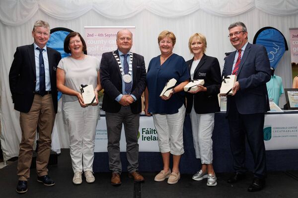 Adrian Dunne, Bunclody GC, cllr Fergal Browne; Imelda Redmond, Bunclody; Michael Walsh, Carlow Tourism; Mary Larkey and Jan Walker, Elmgreen Golf Club Photo: michaelorourkephotography.ie Adrian Dunne, Bunclody GC, cllr Fergal Browne; Imelda Redmond, Bunclody; Michael Walsh, Carlow Tourism; Mary Larkey and Jan Walker, Elmgreen Golf Club Photo: michaelorourkephotography.ie