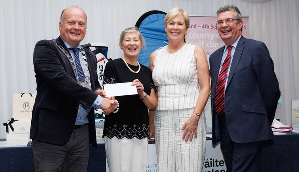 Cllr Fergal Browne and Michael Walsh with Lesley O'Keeffe and Katherina Conneally-Sloan representing team members from Dundalk, Fota and Naas golf clubs Cllr Fergal Browne and Michael Walsh with Lesley O'Keeffe and Katherina Conneally-Sloan representing team members from Dundalk, Fota and Naas golf clubs