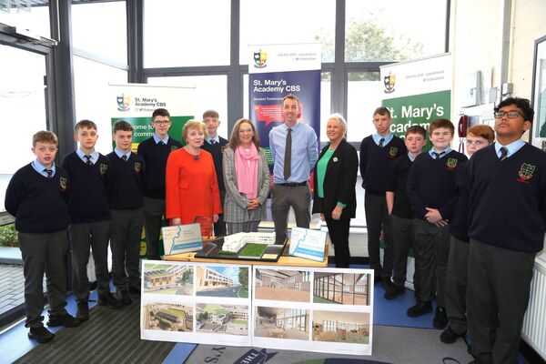 At the announcement of St Mary's Academy CBS's new school, Patricia Wall, chairperson of the board of management, principal Fiona Lennon, deputy principal Sean Kealy and deputy Jennifer Murnane O'Connor, along with student representatives 