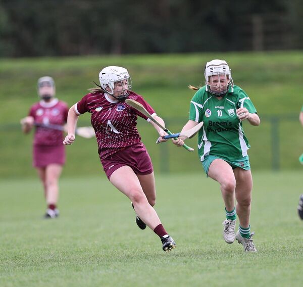 Leah Ryan from St Mullins tries to break past the challenge of Naomh Brid's Olwyn Lawler Leah Ryan from St Mullins tries to break past the challenge of Naomh Brid's Olwyn Lawler