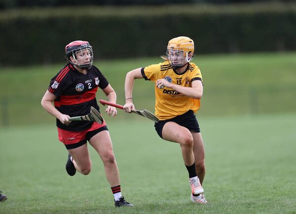 Aimie Nolan from Myshall has a look up as Katie Barcoe from MLR gives chase. Aimie Nolan from Myshall has a look up as Katie Barcoe from MLR gives chase.