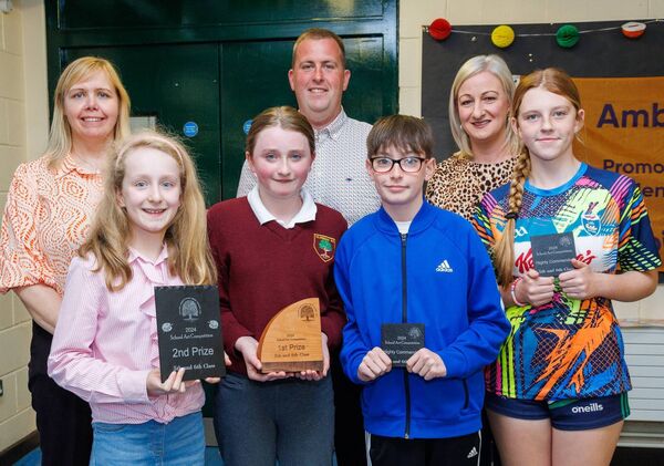 Prizewinners in the fifth and sixth class art category at the Tullow Show’s prizegiving evening in Tullow Community School Hannah Sweeney (Clonegal NS), Alexandra Balfe (Clonegal NS), highly commended Darragh Treacy (Kildavin NS) and Michela Brennan (Bigstone NS) also pictured Bob Keogh chairman Tullow Show with Elaine Byrne and Deirdre Murphy AIB Tullow 