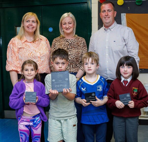 Prize winners in the junior and senior infants art categoryl Henry Fearsall (Rathmore NS), highly commended Saoirse Reid (Ballon NS), Senan Doyle (Clonegal NS) and Faith Butler (Clonegal NS) also pictured Bob Keogh chairman of Tullow Show with Elaine Byrne and Deirdre Murph AIB Tullow 
