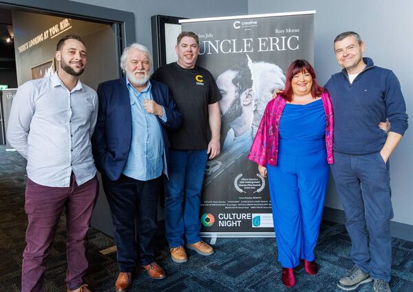 Rory Moran and Julien Jully stars of Uncle Eric along with Darren Donohue the film's writer and his sister radio and television presenter Brenda Donohoe and producer Richard Doyle, at the film's premiere in the IMC Carlow as part of Culture Night 2024
