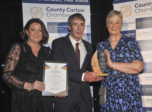 Norah Ryan, President elect of County Carlow Chamber, Liam Doyle of Burnside Autocyl sponsors and Aileen Broderick recipient of the Lifetime Achievement Award Norah Ryan, President elect of County Carlow Chamber, Liam Doyle of Burnside Autocyl sponsors and Aileen Broderick recipient of the Lifetime Achievement Award