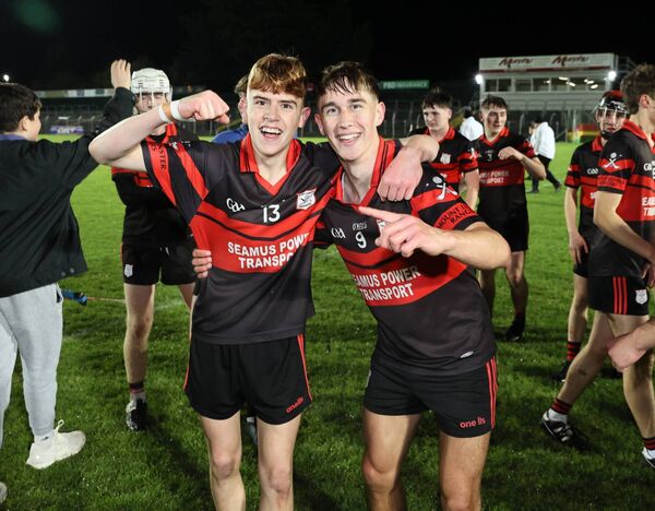 Kyle Nolan and Ruairí Murphy celebrate Mount Leinster Rangers' win Photo: Pat Ahern