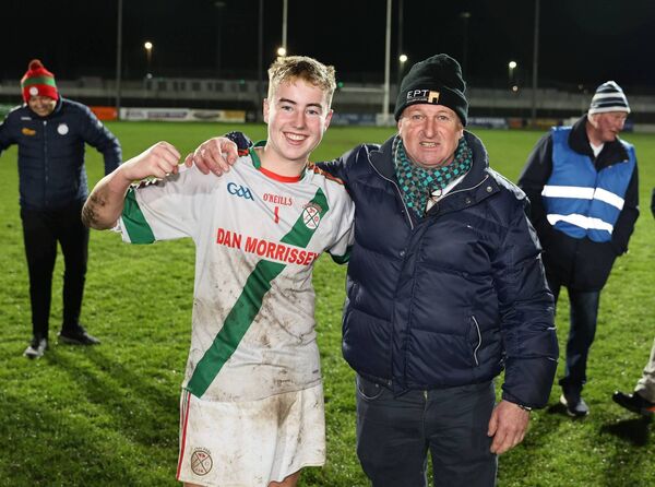 Palatine goalkeeper Ryan Gordon with his delighted dad Barry Photo: Pat Ahern
