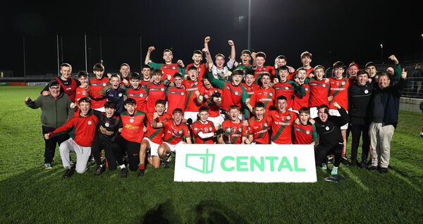 Delighted Palatine players and mentors after their thrilling victory in the CENTAL Under 16 Div 1 football final over St Martin's Photo: Pat Ahern