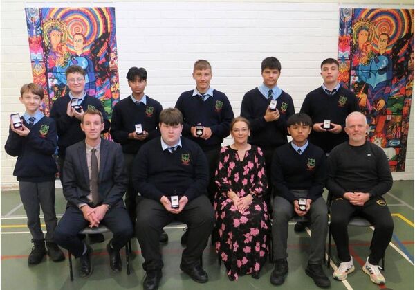 1st year 2023/ 2024 Back row (L to R) Gabriel Stoychev, Emilio Ribas Neto, Rafi Sabib, Emil Jaskula, Andrii Kravchenko and David Dutu Front Row (L to R) Sean Kealy (Deputy Principal) Alex Murphy, Fiona Lennon (Principal), Irshad Bin Hanofi and Mick Kehoe ( Year Head) 