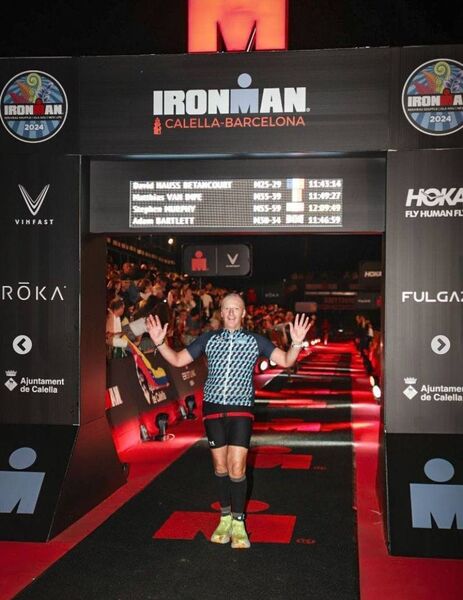 Stephen Murphy at the finishing line after recently completing the Barcelona Ironman Stephen Murphy at the finishing line after recently completing the Barcelona Ironman