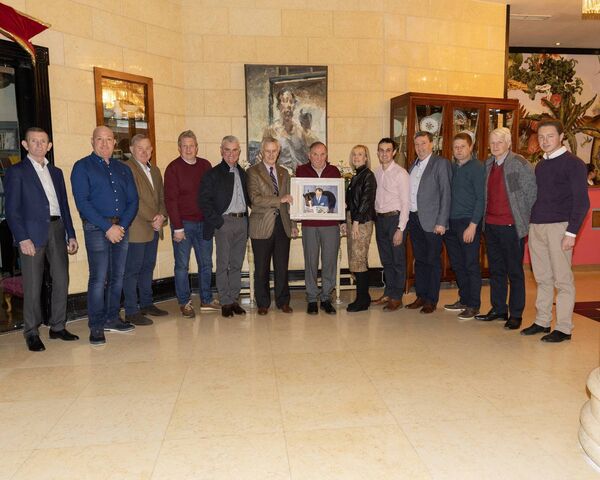 Staff of Jim Bolger's stables. Kevin Manning, Tom Agar, Ger Flynn, John Hayes, Adrian Taylor, Jim Bolger, Jim Reilly, Una Manning, Pat O'Donovan, James Dowling, Johnny Griffin, Dave Donney and John Sharrey. Photo: Thomas Nolan Photography.