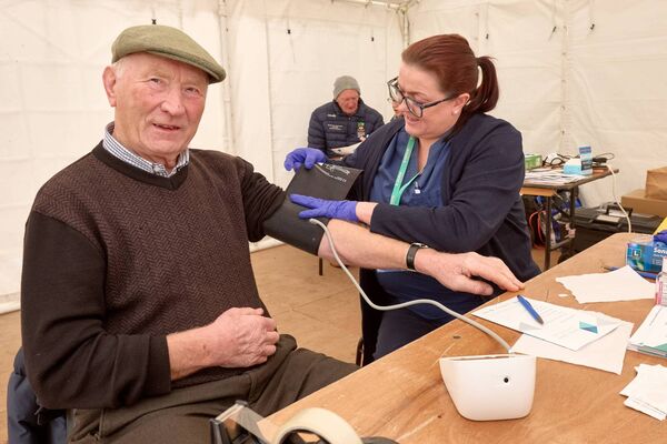 Victor Neill has his blood pressure taken by Louise Bradley from Hibernian Healthcare during the Carlow Farmer Wellbeing Day at Leinster Marts Carlow Victor Neill has his blood pressure taken by Louise Bradley from Hibernian Healthcare during the Carlow Farmer Wellbeing Day at Leinster Marts Carlow
