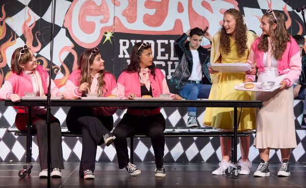 Ella Ryan as 'Jan', Ruby Collier as 'Rizzo', Hira Nazar as 'Marty', Abbie Kelly as 'Sandy' and Ruth Cheasty as 'Frenchy'