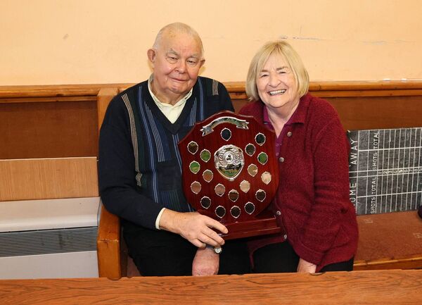 Pat Costigan and Pauline Fitzgerald with the Carlow Bowls League trophy 