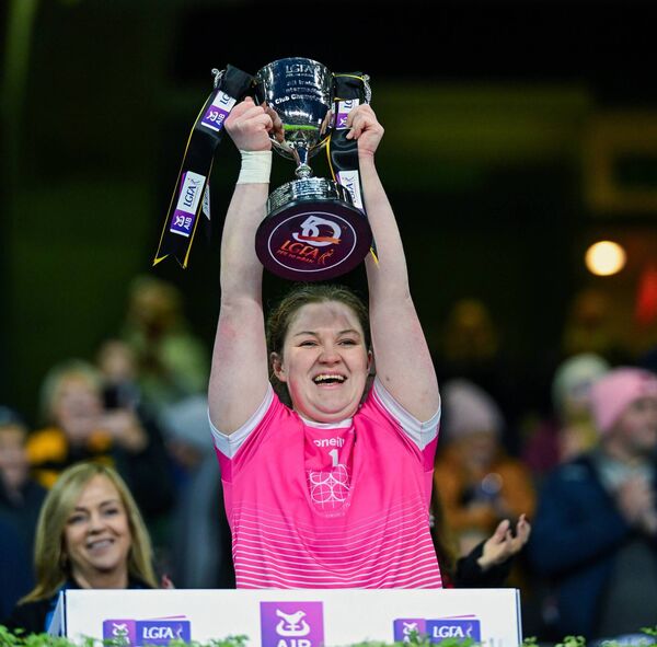Bennekerry/Tinryland captain Shannen Cotter lifts the cup after the AIB LGFA All-Ireland Intermediate Club Championship final match between Annaghdown of Galway and Bennekerry/Tinryland Photo: Shauna Clinton/Sportsfile 