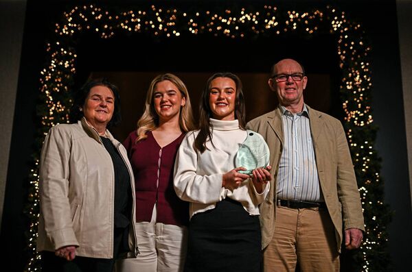 Sinéad Hayden with The Croke Park Hotel/LGFA Player of the Month award for November 2024, with her family, from left, her mother Ann, her sister Finola and her father Edmond at The Croke Park Hotel in Jones Road, Dublin Sinéad Hayden with The Croke Park Hotel/LGFA Player of the Month award for November 2024, with her family, from left, her mother Ann, her sister Finola and her father Edmond at The Croke Park Hotel in Jones Road, Dublin