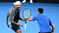 Nick Kyrgios celebrates return from injury with Novak Djokovic doubles victory
