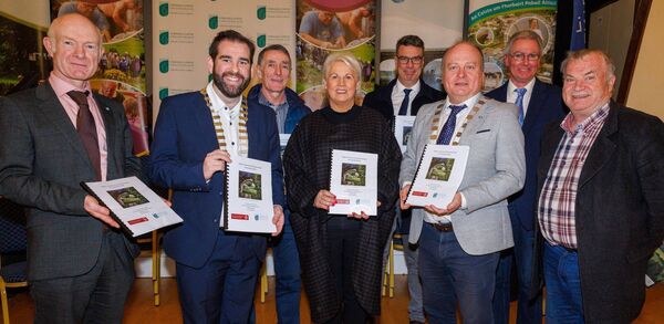 Pictured at the launch of the Historic Graveyard Audit in the Carlow Town Hall were Michael Brennan (Director of Services), Cllr Fintan Phelan (Mayor of Carlow), Cllr Paul Doogue, deputy Jennifer Murnane O'Connor, Colín O'Reilly (CEO Carlow County Council), cllr Fergal Browne (Cathaoirleach Carlow County Council), Dr Eoin Sullivan (Heritage Officer) and cllr Ken Murnane. Photo: michaelorourkephotography.ie
