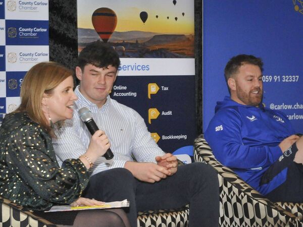 MC Eimear Ni Bhraonain and Carlow, Leinster and Irish rugby players Stephen Smyth and Sean O'Brien MC Eimear Ni Bhraonain and Carlow, Leinster and Irish rugby players Stephen Smyth and Sean O'Brien
