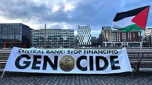 Protesters target Central Bank over sale of Israel Bonds in EU Protesters target Central Bank over sale of Israel Bonds in EU