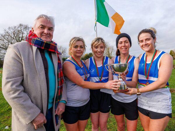 Clare O’Reilly, Leah Lawler, Louise Oprea and Chloe O’Toole from the St. Laurence O’Toole AC winners of the Lambert Cup in the Cross Country Championships in Tinryland are shown with JJ Lambert (sponsor) Clare O’Reilly, Leah Lawler, Louise Oprea and Chloe O’Toole from the St. Laurence O’Toole AC winners of the Lambert Cup in the Cross Country Championships in Tinryland are shown with JJ Lambert (sponsor)