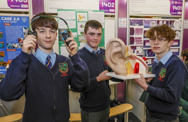 TJ Keating, Evan Glynn and Craig Power from St Mary's Academy CBS, Carlow with their project at the RDS
