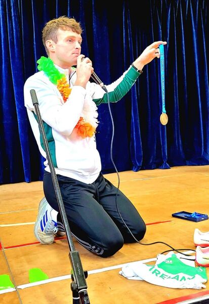 'Dare to Believe Olympic' ambassador Marcus Lawler addressing a riveted audience in the school hall