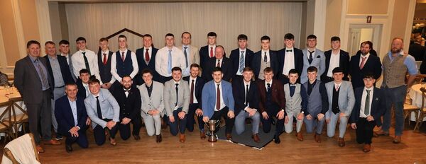 The Burren Rangers Championship winning panel with selectors and Jim Bolger (Carlow GAA Chairman) in Ballykealey House on Friday night Photos: Pat Ahern