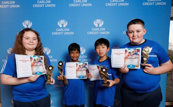 Hazel Murphy, Abdullah Raiyan, Fei Xie and Daniel Scully from St Fiacc’s NS who were the winners of the Carlow Credit Union School A Quiz in the Woodford Dolmen Hotel