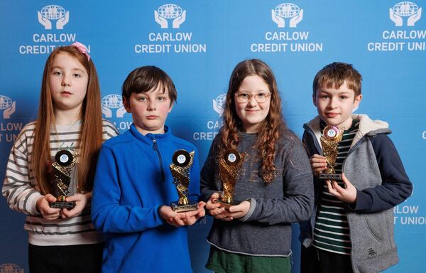 Grace Peters, Ruadhán Moore, Jules Callinan-Walsh and Henry O’Reilly from Carlow Educate Together NS who were runners-up in the Carlow Credit Union School A Quiz in the Woodford Dolmen Hotel