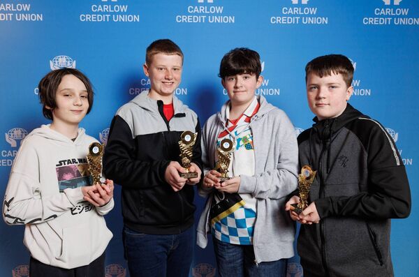 Elliott Sheeran, Louis Whelan, Killian Doyle and Gerry Cash from Bishop Foley NS who were runners-up in the Carlow Credit Union School B Quiz in the Woodford Dolmen Hotel Photos: michaelorourkephotography.ie