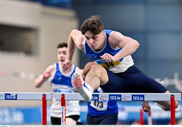 Adam Nolan of St Laurence O'Toole AC on his way to winning the men's 60m hurdle final Adam Nolan of St Laurence O'Toole AC on his way to winning the men's 60m hurdle final