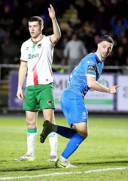 Waterford FC captain Padraig Amond turns to celebrate his goal against Cork City in the SSE Airtricity Men's Premier Division. Photo: Noel Browne